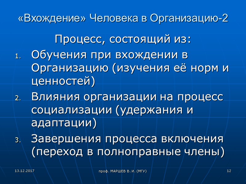 проф. МАРШЕВ В. И. (МГУ) «Вхождение» Человека в Организацию-2 Процесс, состоящий из: Обучения при